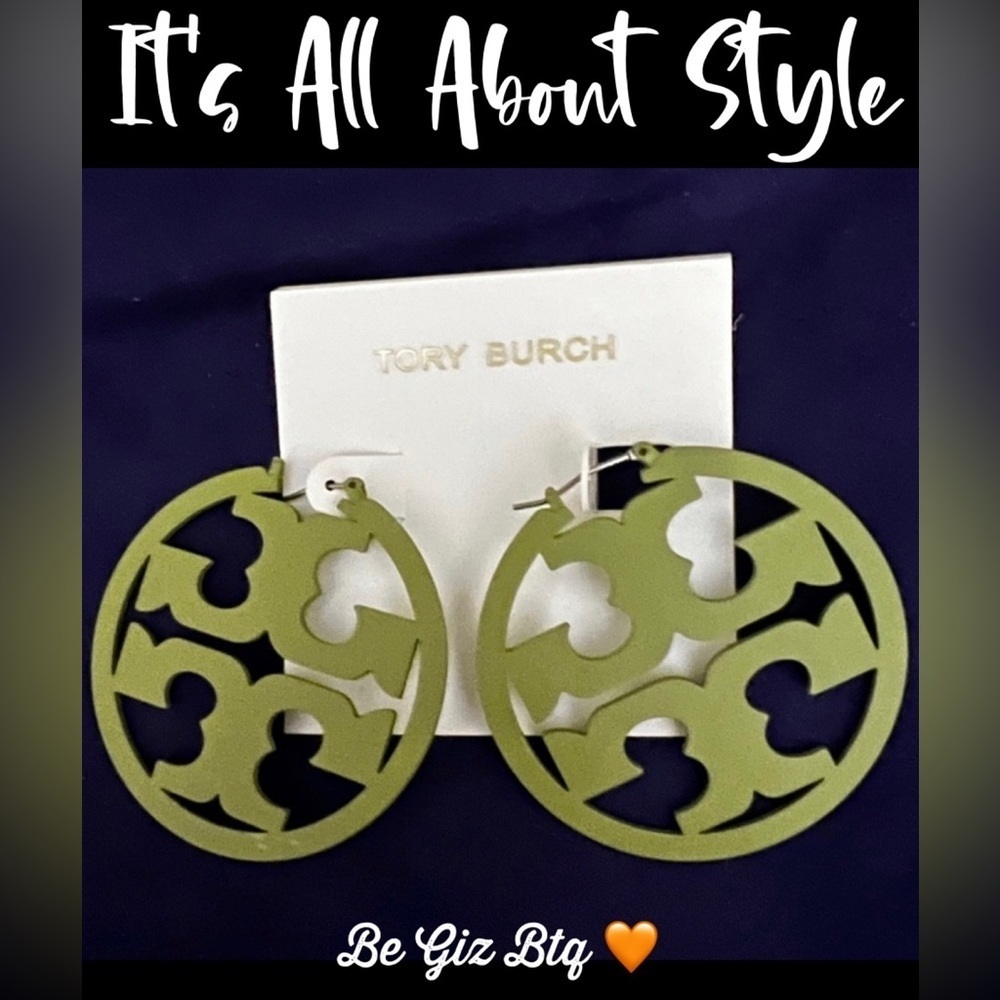 Tory Burch Authentic Vintage Military Green Double T Matte Painted Hoop Earrings